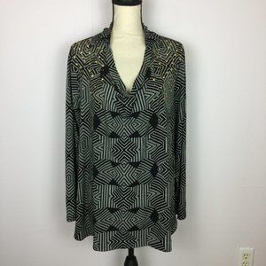 Ellen Tracy Tunic Knit Top XL Womans Black White Geometric Collared Cowl Neck